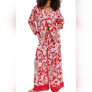 Satin red floral pajama set for women